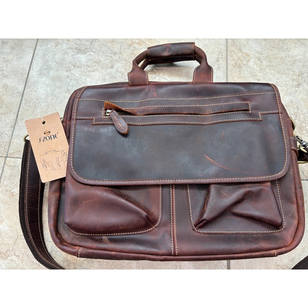 S-ZONE Mens Leather Messenger Bag Briefcase Laptop Satchel Dark Brown New